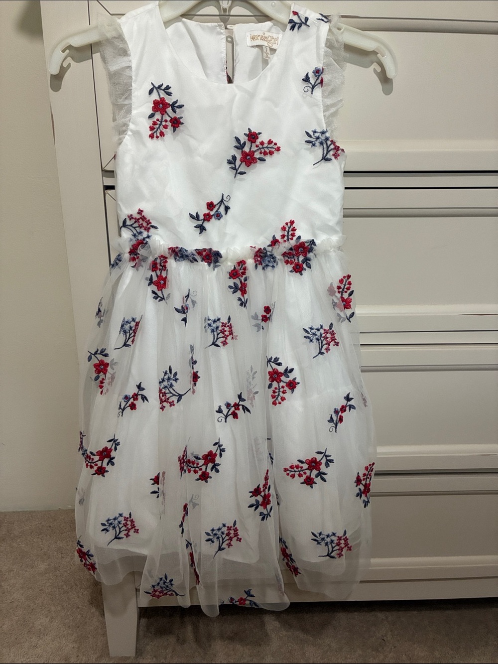 Kenzie Girl White Tulle Girl’s Dress with Red & Navy Floral Embroidery Size 7